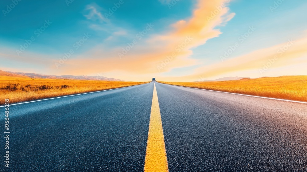 Fototapeta premium a road stretching into the distance with a car driving along, representing travel and freedom