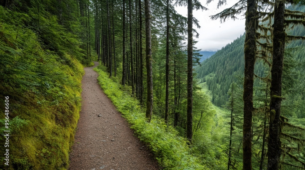 a rugged hiking trail leading through a dense forest, evoking a sense of adventure and exploration a rugged hiking trail leading through a dense forest, evoking a sense of adventure and exploration