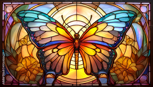 Stained glass window with a silhouette of a beautiful butterfly