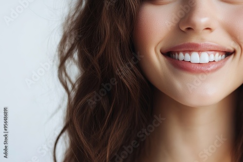 Close-up of smiling woman with white teeth and curly hair