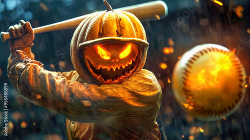Halloween glowing Pumpkin headed baseball player hitting a baseball ball, 3D render