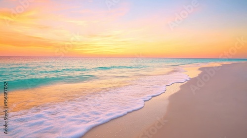 Fototapeta Naklejka Na Ścianę i Meble -  a serene beach at sunset with gentle waves lapping at the shore, the sky painted in warm hues of orange and pink, evoking a sense of calm and tranquility