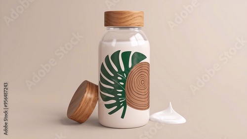 Cosmetic bottle container with green leave and wood.