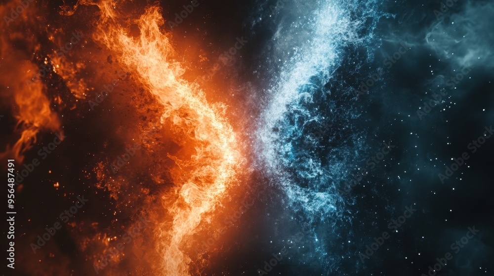A powerful visual of fire and ice meeting, representing the duality of hot and cold, light and dark, with space for text. A powerful visual of fire and ice meeting, representing the duality of hot and cold, light and dark, with space for text.