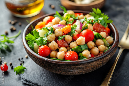 Healthy homemade chickpea and veggies salad, diet, vegetarian, vegan food, vitamin snack
 photo