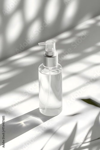 A clear glass bottle with a silver pump top and clear liquid sits on a white surface with a patterned shadow from sunlight.