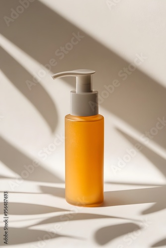 A close-up of a small amber glass bottle with a pump dispenser on a white background with shadows from a plant.