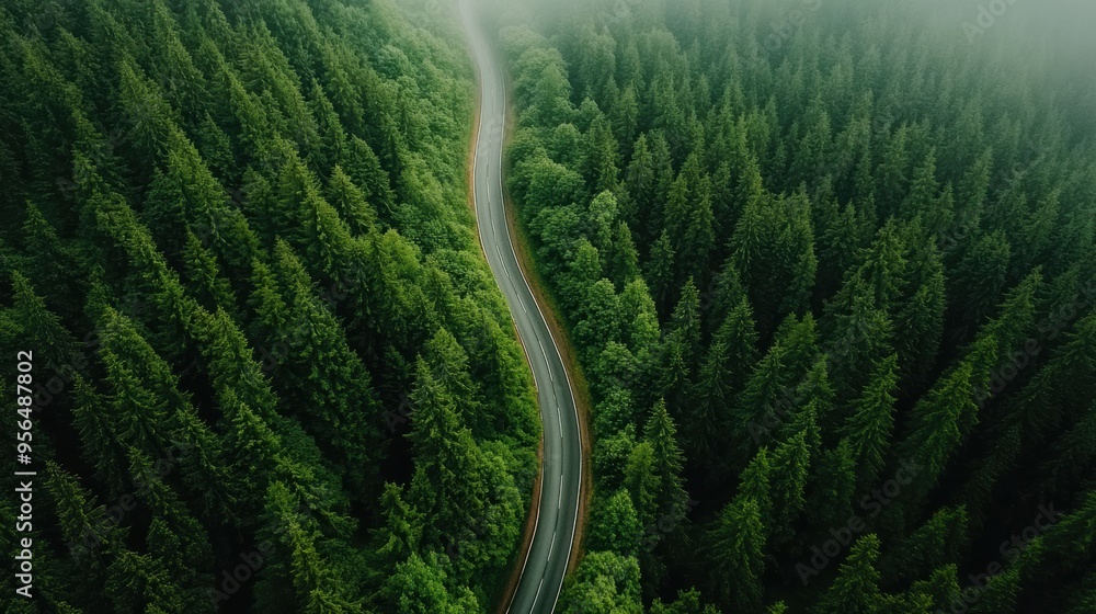 a serene natural landscape with a winding road cutting through a dense forest, the trees towering overhead and the road disappearing into the distance, captured in first person point of view a serene natural landscape with a winding road cutting through a dense forest, the trees towering overhead and the road disappearing into the distance, captured in first person point of view