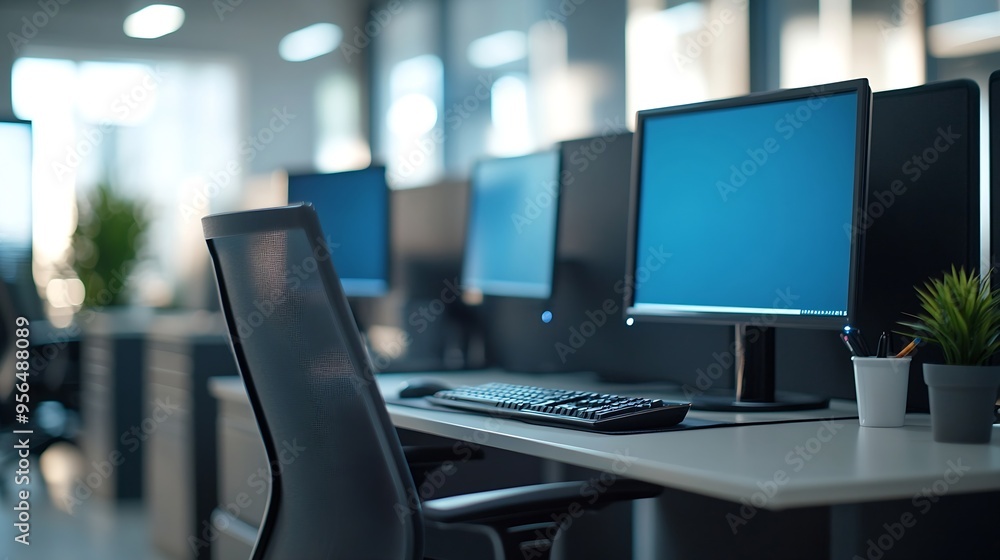 Empty office desk space with computer monitors desk and chair at a cubicle Working from home concept image : Generative AI Empty office desk space with computer monitors desk and chair at a cubicle Working from home concept image : Generative AI