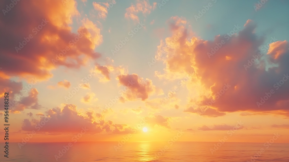 Fototapeta premium Golden Hour Sunset Sky clouds over sea in the evening with Orange sunlight Landscape horizon sea sky nature Background : Generative AI