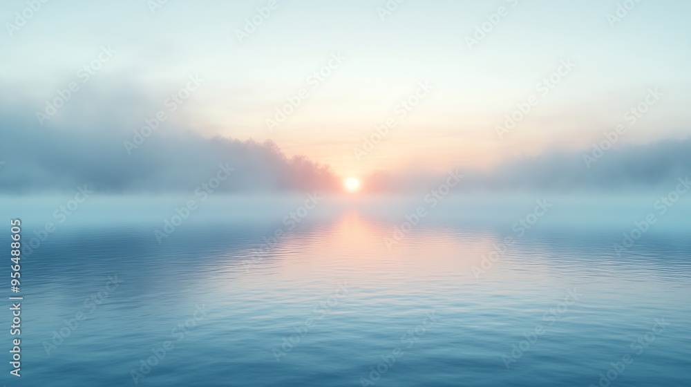 Obraz premium Blurry sunrise in morning mist over still lake : Generative AI