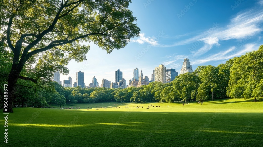 a sprawling urban park with a mix of natural elements and city architecture, where people are enjoying outdoor activities, a peaceful urban retreat a sprawling urban park with a mix of natural elements and city architecture, where people are enjoying outdoor activities, a peaceful urban retreat
