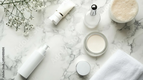 White beauty products on a marble background with flowers and a white towel.