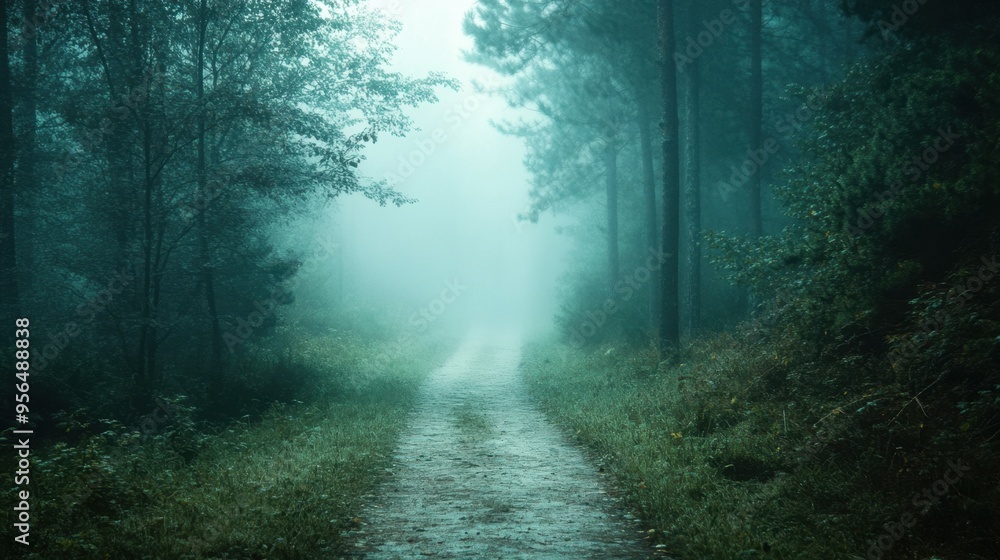 Fototapeta premium A mysterious, dark green forest path shrouded in fog, with morning dew glistening on the leaves. The path leads into the unknown, with ample copy space.