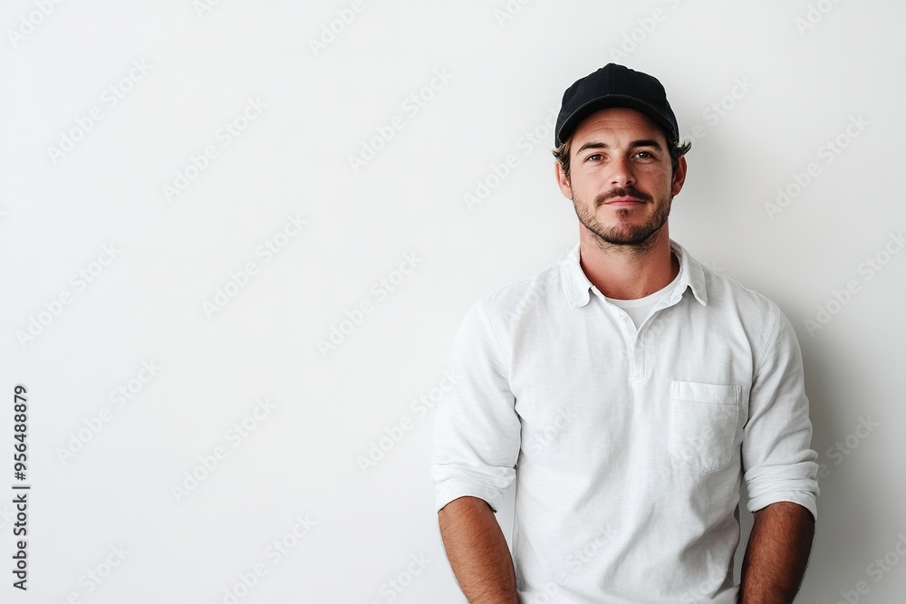 Confident man in cap leaning on white wall Confident man in cap leaning on white wall