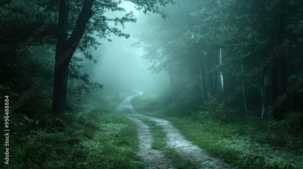 A mysterious, dark green forest path shrouded in fog, with morning dew glistening on the leaves. The path leads into the unknown, with ample copy space. A mysterious, dark green forest path shrouded in fog, with morning dew glistening on the leaves. The path leads into the unknown, with ample copy space.