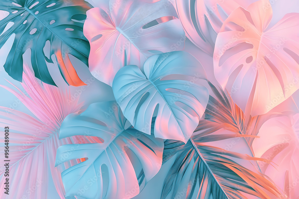 Abstract Pastel Pink and Blue Tropical Leaves Creating a Soft, Dreamy Pattern Abstract Pastel Pink and Blue Tropical Leaves Creating a Soft, Dreamy Pattern
