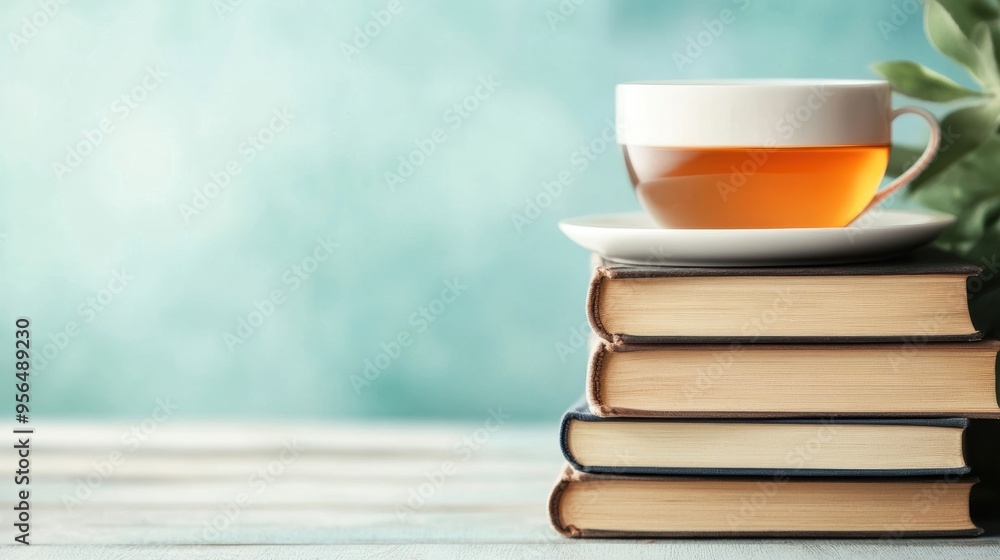 a stack of old books with a cup of tea beside them, symbolizing knowledge and comfort a stack of old books with a cup of tea beside them, symbolizing knowledge and comfort