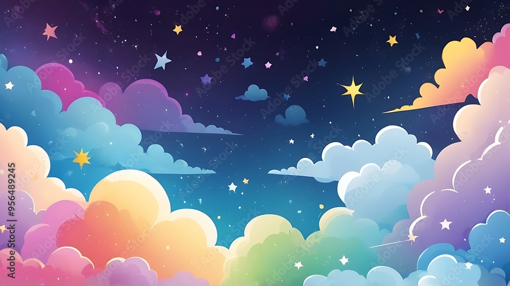 dazzling stars and fluffy clouds set against a colorful sky dazzling stars and fluffy clouds set against a colorful sky