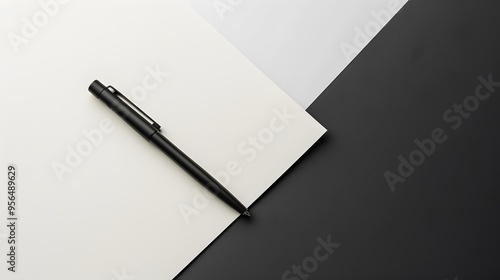 A black pen lies on a white surface, against a black and white background.