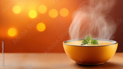 a steaming bowl of soup on a cold day, evoking warmth and comfort