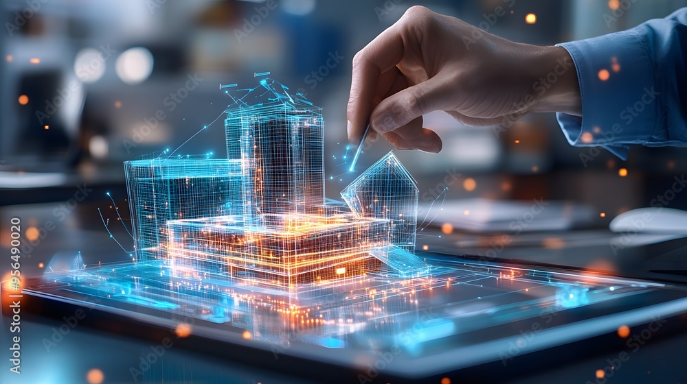 Hand Holding Digital Building Model Above Tablet. Hand Holding Digital Building Model Above Tablet.