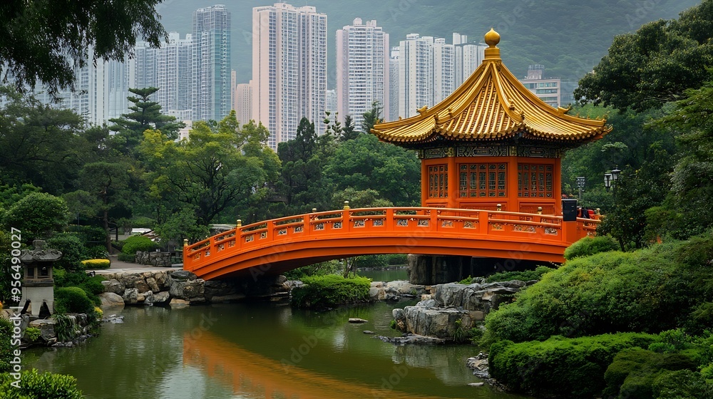 Fototapeta premium Traditional Golden Pavilion and Red Bridge in Lush Garden Public Nan Lian Garden situated at Diamond hill Hongkong : Generative AI