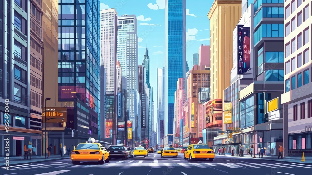 Fototapeta premium A vibrant street scene in a bustling city with skyscrapers and yellow cabs.