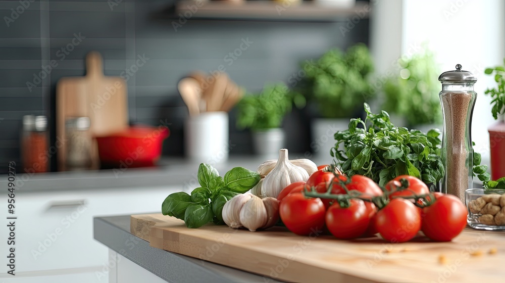 A close-up of fresh tomatoes, garlic, and basil on a wooden cutting board. The ingredients are ready for a delicious meal. A close-up of fresh tomatoes, garlic, and basil on a wooden cutting board. The ingredients are ready for a delicious meal.