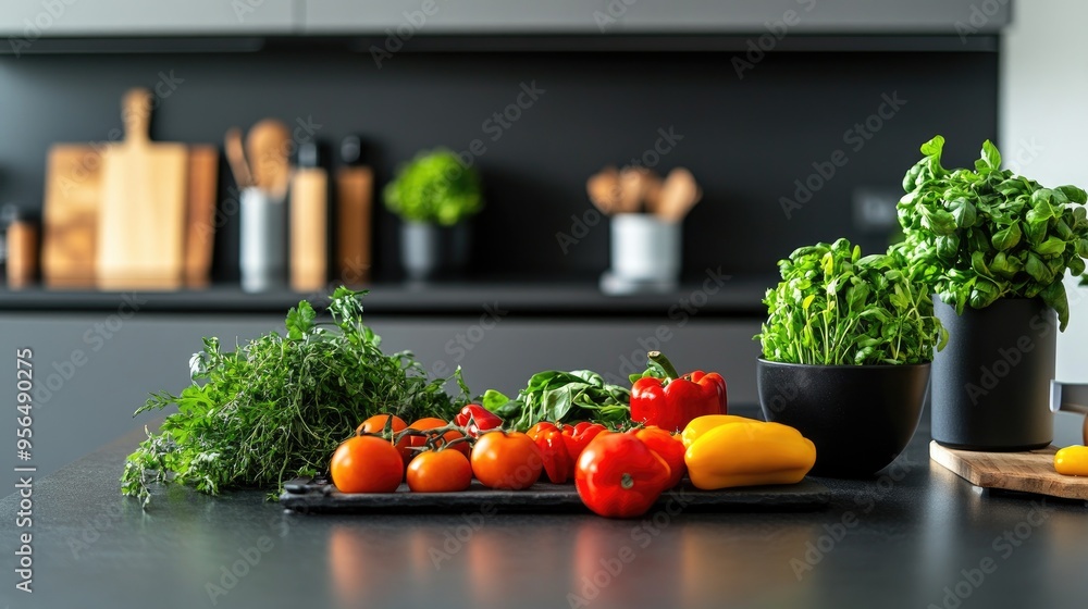 Fresh vegetables and herbs on a kitchen counter. Fresh vegetables and herbs on a kitchen counter.