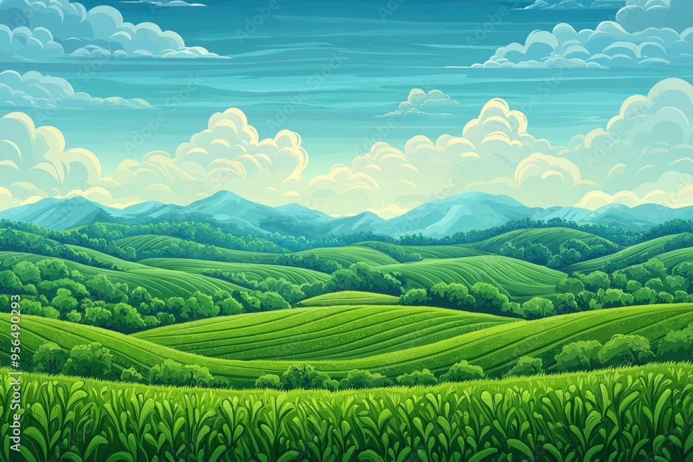 Fototapeta premium Lush Green Hills and Blue Sky with Fluffy Clouds