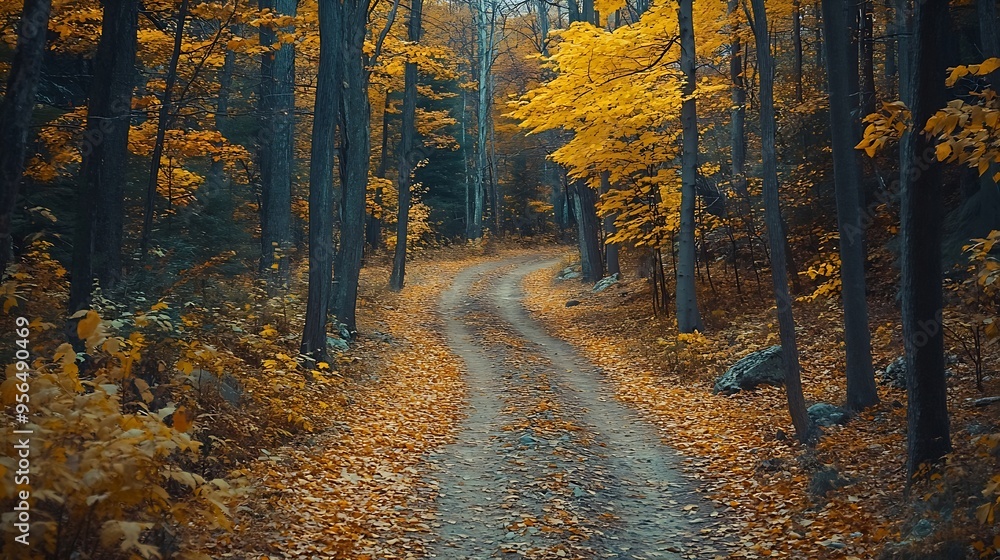 Obraz premium Offroad dirt trail and yellow tree canopies in fall season woods Colorful lush forest in autumn Landscape of autumnal wild nature : Generative AI