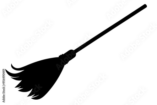 Silhouette of a flying witch on a broomstick with bats for Halloween decoration. Silhouette for the Halloween. Mystical illustration. Vector outline of a witch.