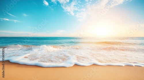 a summer beach scene with rolling waves and bright sunshine, capturing the essence of a warm, relaxing day