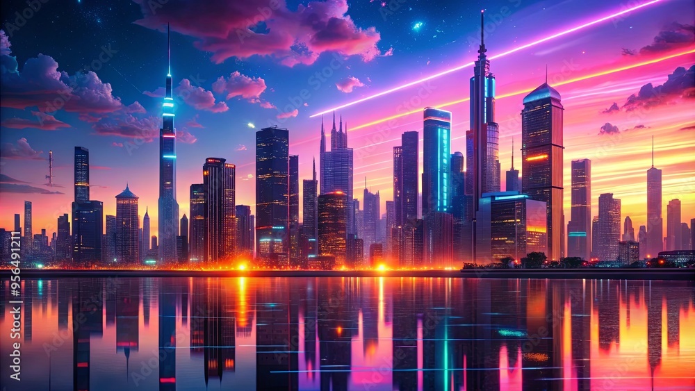 Futuristic cityscape with vibrant neon lights reflecting in the sunset sky Futuristic cityscape with vibrant neon lights reflecting in the sunset sky