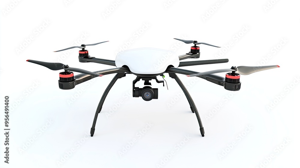 A black and white drone with red accents on a white background. A black and white drone with red accents on a white background.