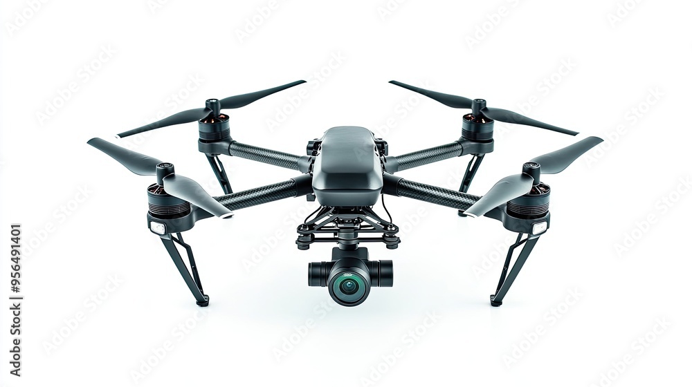 A black drone with four propellers and a camera on the bottom is isolated on a white background. A black drone with four propellers and a camera on the bottom is isolated on a white background.