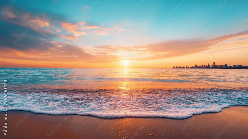 a sunset over a calm ocean with waves gently lapping at the shore, and a distant city skyline visible on the horizon, blending natural beauty with urban life a sunset over a calm ocean with waves gently lapping at the shore, and a distant city skyline visible on the horizon, blending natural beauty with urban life