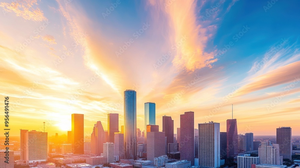 Fototapeta premium a sunset over a metropolitan skyline, with skyscrapers reflecting the warm colors of the sky