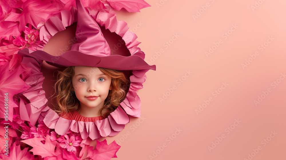 Young girl with curly hair wears a large witch’s hat while peeking through a circular opening adorned with bright pink flowers, capturing the essence of Halloween Young girl with curly hair wears a large witch’s hat while peeking through a circular opening adorned with bright pink flowers, capturing the essence of Halloween