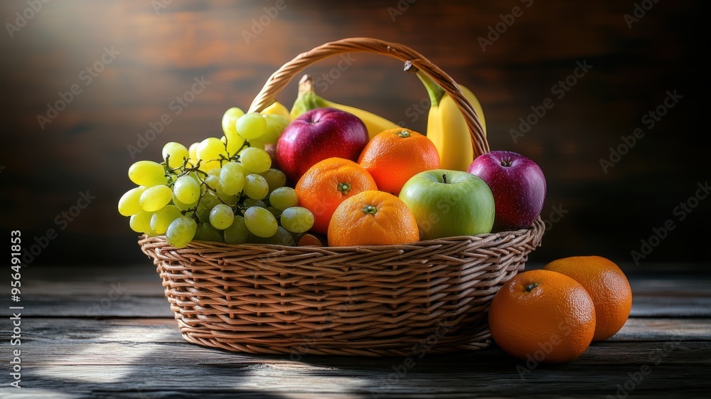 Fruit basket with apples, oranges, grapes, and bananas, neatly arranged on a rustic wooden table, bathed in bright natural light and soft shadows. Harvesting Fruit basket with apples, oranges, grapes, and bananas, neatly arranged on a rustic wooden table, bathed in bright natural light and soft shadows. Harvesting