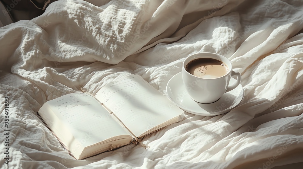 A cup of coffee and an open notebook on a white bedspread, with sunlight streaming in. A cup of coffee and an open notebook on a white bedspread, with sunlight streaming in.