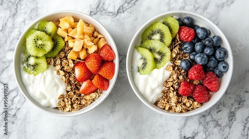 Two Healthy Breakfast Bowls with Granola, Fruits, and Yogurt: Nutritious Breakfast Bowls Featuring Granola, Fresh Fruits, and Yogurt