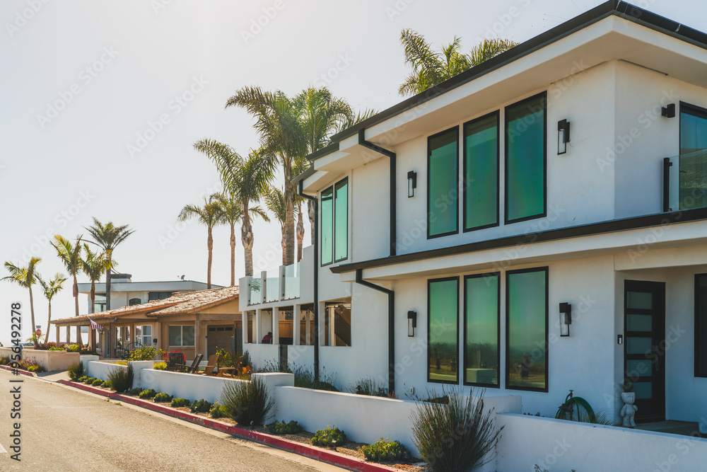 Fototapeta premium Modern beachfront homes with large windows and palm trees under a clear sky.