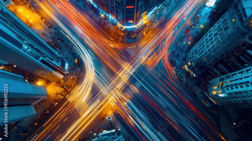 a timelapse of a busy urban intersection with people and vehicles moving in all directions, a sense of the constant motion and energy of city life