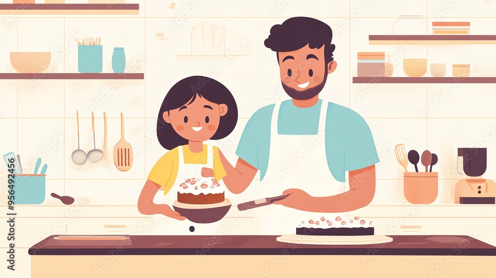 An illustration of a father and daughter baking a cake together in the kitchen. An illustration of a father and daughter baking a cake together in the kitchen.