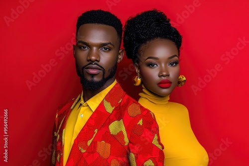 Elegant couple in vibrant yellow and red outfits with solid back