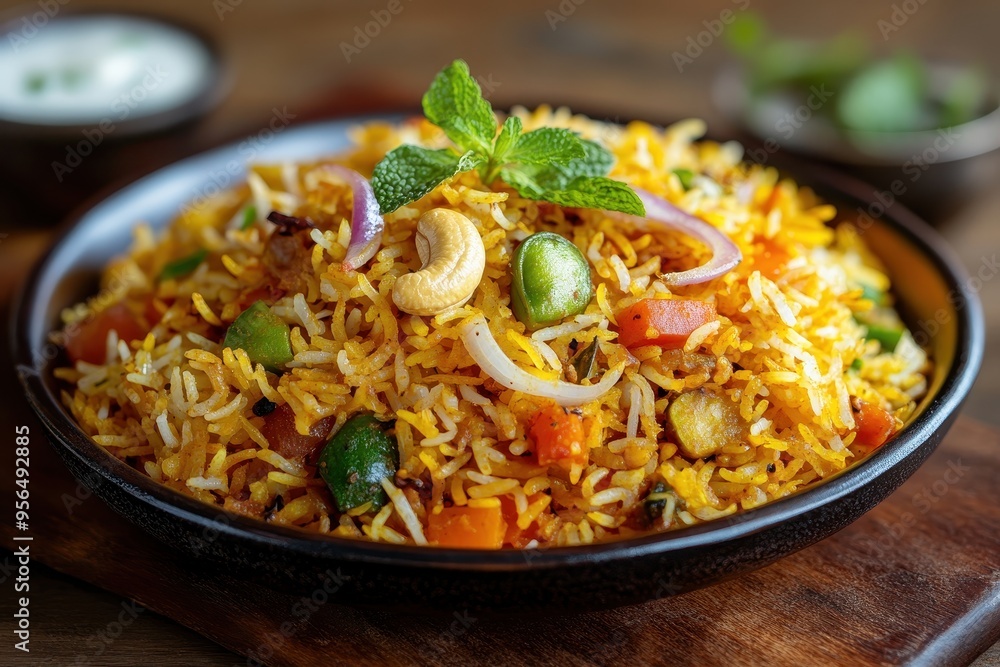A vibrant bowl of vegetable biryani garnished with mint and cashews. A vibrant bowl of vegetable biryani garnished with mint and cashews.