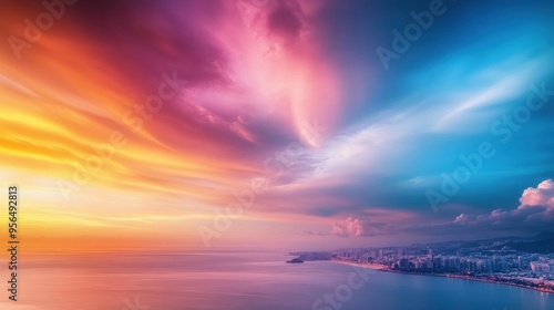 a timelapse of a sunset over a coastal city with the transition from day to night, capturing the vibrant colors of the sky and the illumination of city lights