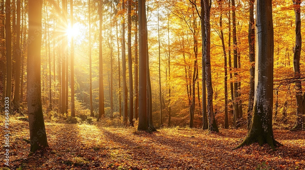 Vibrant Fall Foliage: Serene Forest Landscape with Warm Sunlight Casting a Golden Glow on Rustling Leaves and Majestic Trees During Autumnal Season Vibrant Fall Foliage: Serene Forest Landscape with Warm Sunlight Casting a Golden Glow on Rustling Leaves and Majestic Trees During Autumnal Season